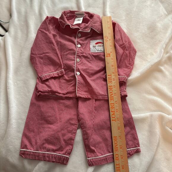 Babeeni Santa Embroidered Red and White Gingham Boys Christmas Pajamas Sz 18M - Picture 2 of 3
